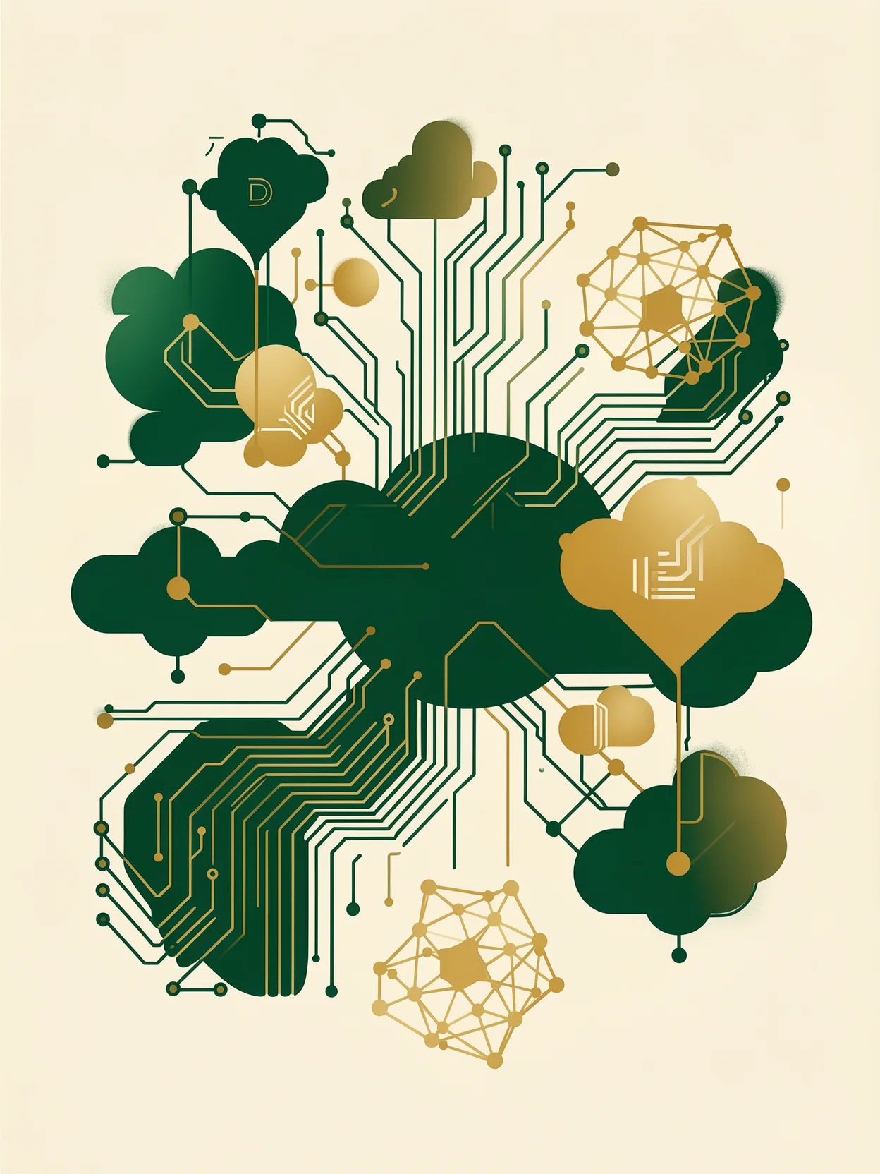 Abstract technology illustration with circuit patterns and cloud elements